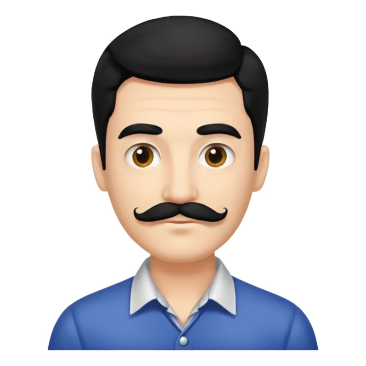 A man with black patchy hair and black moustache sticker