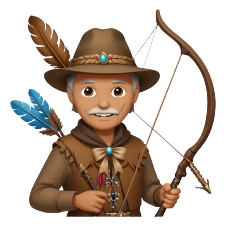 The classic image of a middle-aged uncle hunter carrying a bow, dressed in brown clothes, with some ornaments made of feathers, bones or teeth on his body. sticker