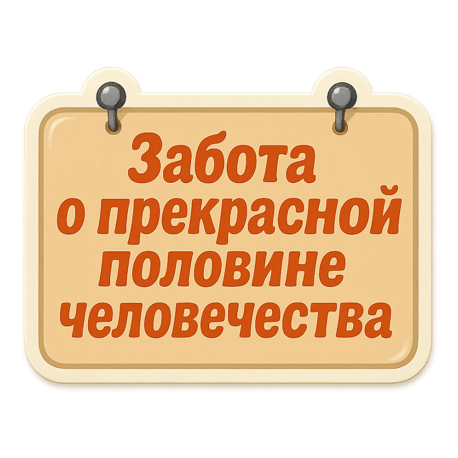 flat rectangular beige sign with light shadow, two nails at the top, retro sticker style, text 'Забота о прекрасной половине человечества' in two compact and readable lines sticker