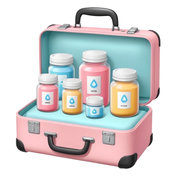 Transparent vitamins jar with blush electrolyte sachets displayed on a pastel pink suitcase sticker
