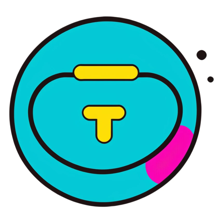 Minimalist sticker with white 'tt' letters on a black circle with cyan, magenta, and yellow dots below, cap with street style influence sticker