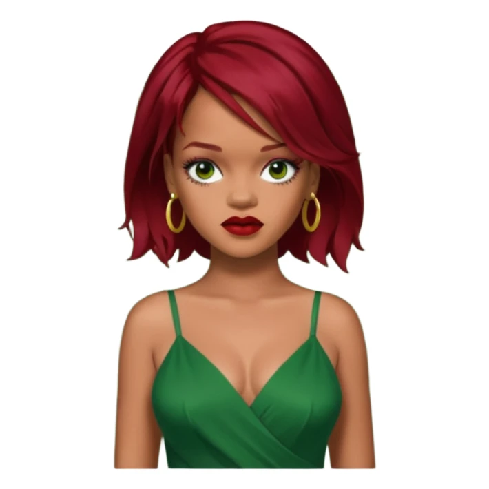 Rihanna dark red hair, green dress sticker