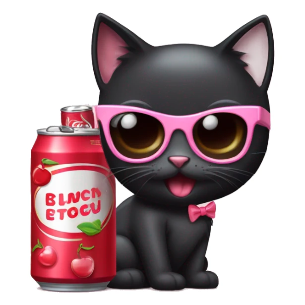 A black cat wearing a little light pink bow, red framed oval sunglasses, and drinking a cherry cola in a can sticker