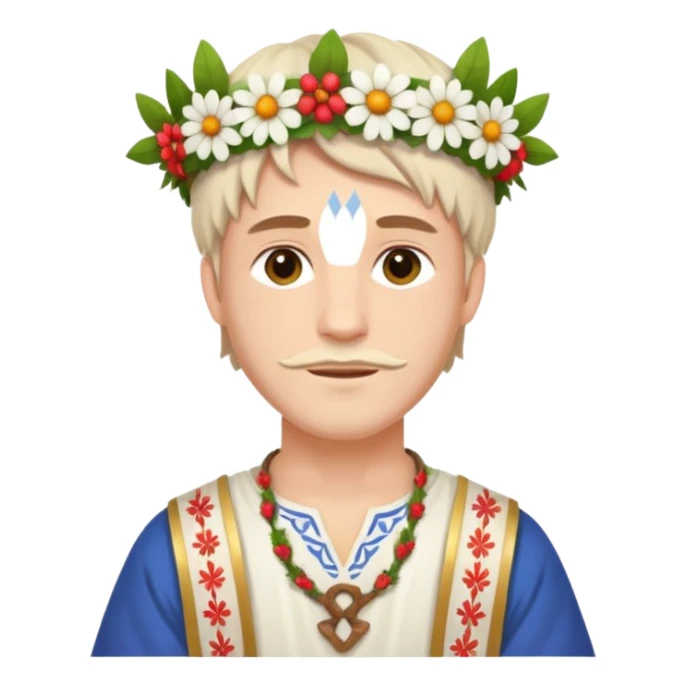 A guy with traditional clothes from midsummer festival, white tunica, flowers crown sticker