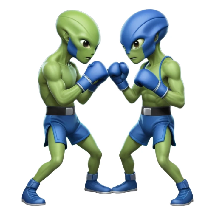 two aliens boxing in a fight stance, facing each other with raised gloves, dynamic action pose, intense expressions, sci-fi arena vibe, 3D cartoon style, mobile game icon style, clean background, no text, no watermark
 sticker