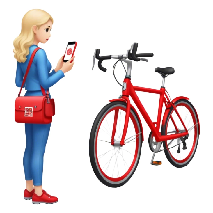 QR code on a red bike and a woman scanning the code standing next to the bike a few feet awy sticker