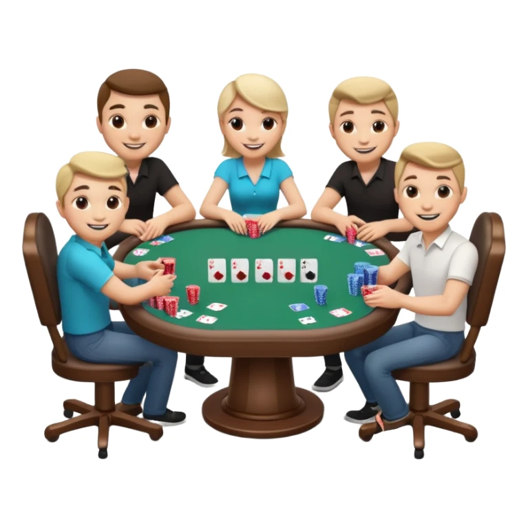 A 3D cartoon poker table with cards, chips, and smiling players, soft lighting, Memoji-style. sticker