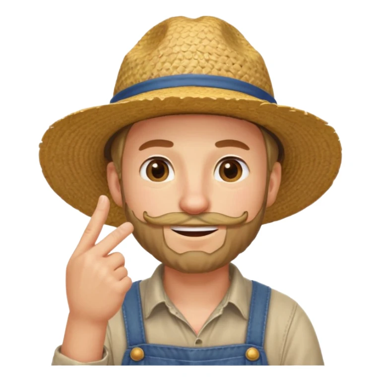 “A single emoji-style character combining 👨‍🌾😄 and 🤔: a smiling farmer man with a straw hat, friendly face, and light beard, holding one hand under his chin in a thinking gesture. His index finger rests under his face, eyes looking slightly upward as if thinking.  sticker
