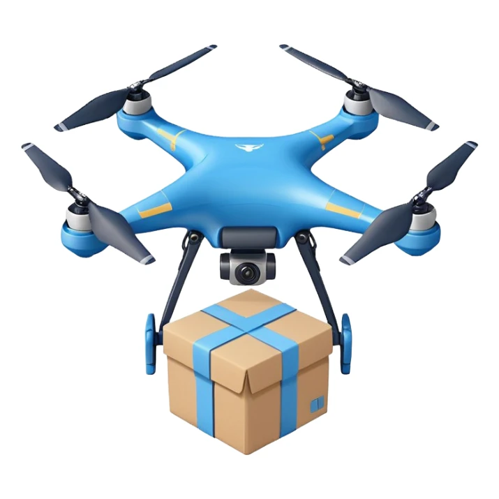 Delivery drone sticker, and blue texture on the body quadcopter carrying small package box, friendly design, simple flat vector style, soft shadow, white outline, transparent background sticker