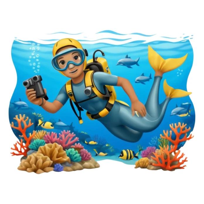 A brave dolphin diver in flippers and mask, exploring coral with a waterproof camera.

 sticker