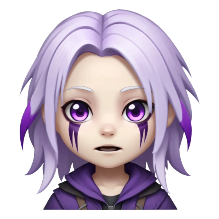 Chibi Sable Ward from Dead by Daylight with long white hair with purple streaks and fully purple eyes, detailed and expressive, cute exaggerated style with large expressive eyes and clear emotion sticker
