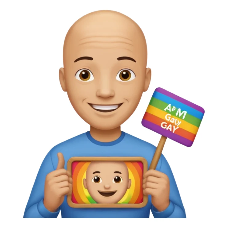 bald guy holding sign that says "am gay" sticker
