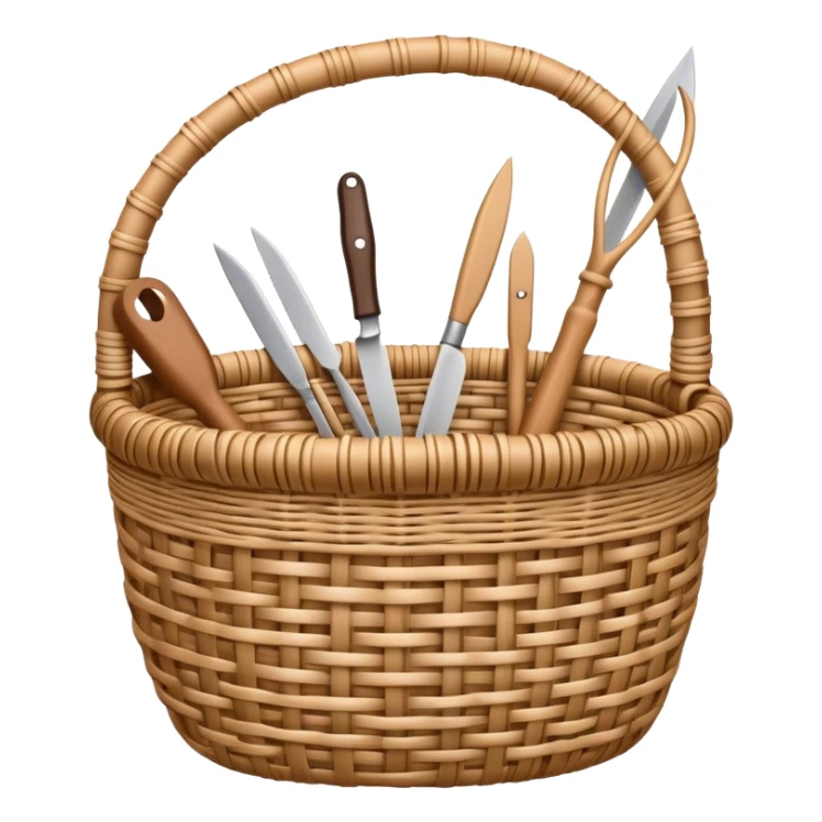 Wicker weaving icon, flexible wicker branches woven into a basket or decorative object, weaving tools like a knife or awl, intricate patterns, minimalistic style, clean lines, transparent background. sticker