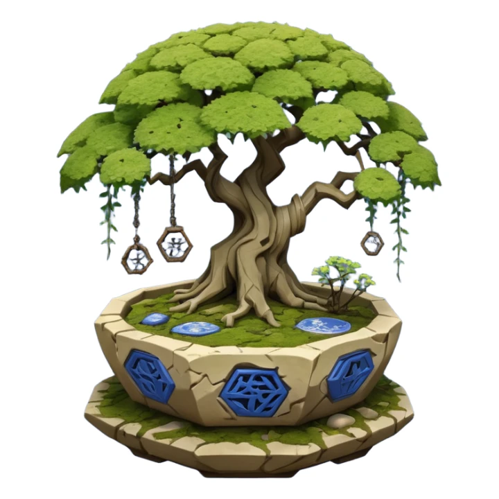 Alien spacecraft hanging-vines landscape mudman very old broken cracked intricate Stone Age rocky-crusted irregular dodecagon-shaped shallow dark moss rough bark blue willow flowered maple tree bonsai pot sticker