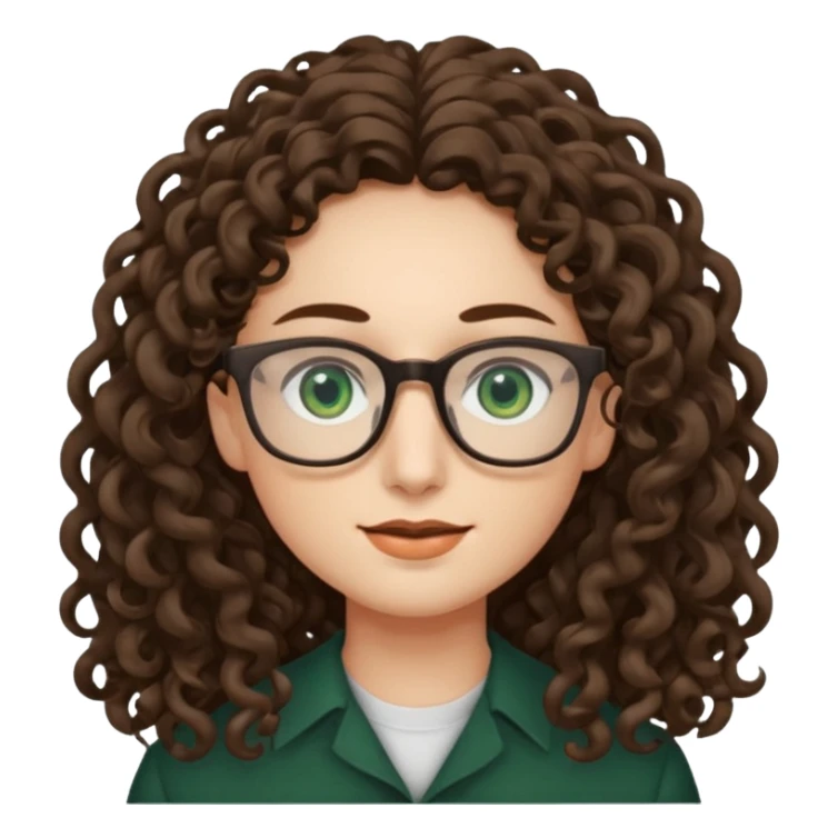 rapariga, olhos verdes escuros, rosto retangular, cabelos muito compridos aos caracóis, com óculos sticker