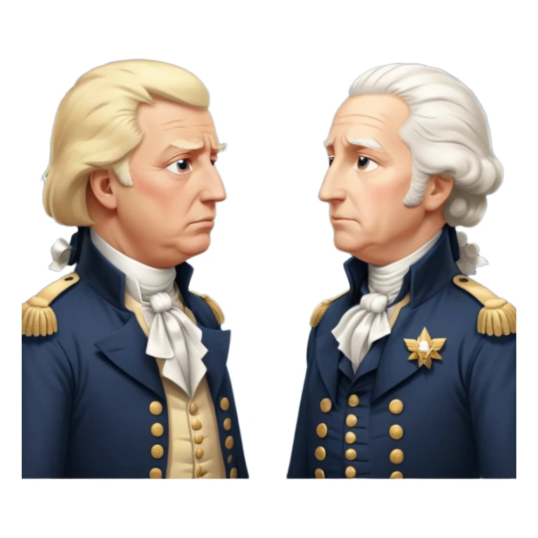 “Donald Trump and George Washington facing each other. Trump in a modern suit, visibly shocked. George Washington in colonial uniform, calm and silent. Realistic style, cinematic lighting.” sticker