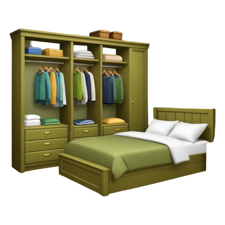 organized bedroom, olive green walls, wood bed and closet sticker