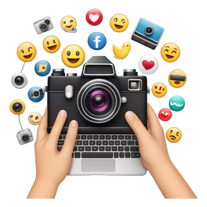 a composition of various media and technology-related emojis, arranged in a visually appealing way. At the center, there is a vintage-style camera emoji with a bright flash effect, symbolizing photography. A hand holding a smartphone emerges from behind the camera, representing digital and mobile content creation. Surrounding the central camera are a film camera, a laptop, and a smartphone with a colorful app grid, illustrating video production, digital work, and social media. The design is clean, modern, and conveys a theme of multimedia, content creation, and technology. sticker