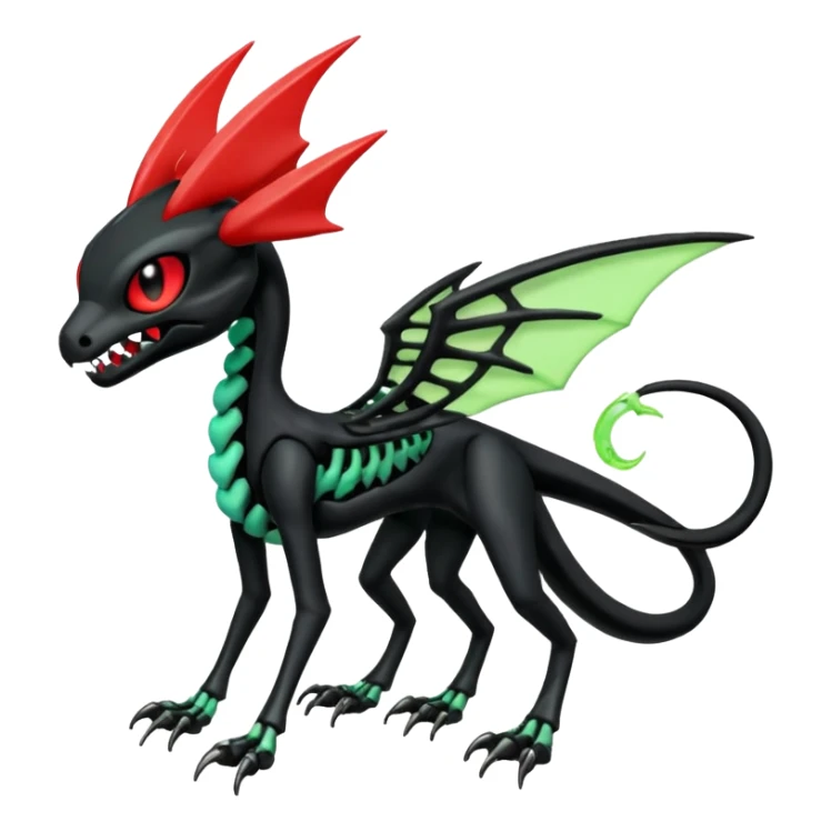 Obsidian-black and neon-glowing-green skeletal Meloetta-Salandit-Noivern-Zygarde-Pokémon-Fakémon-creature-fusion-hybrid with glowing crimson-red evil slit eyes sticker