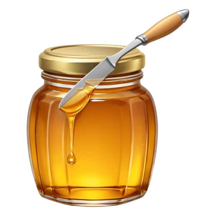 transparent jar of honey with a metal knife sticker