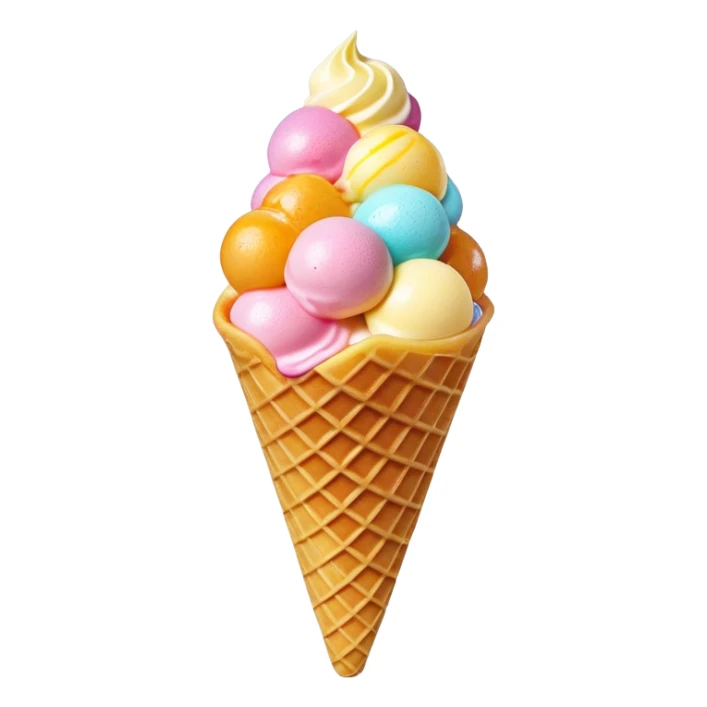 3D rendered Hong Kong egg waffle cone filled with colorful ice cream, hyper-realistic bubbled texture, glossy candy-like finish, vibrant colors, detailed texture, soft studio lighting sticker