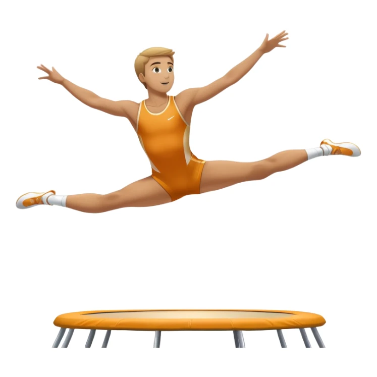 An athletic person soaring high above a trampoline, executing an acrobatic flip with perfect form. The scene captures motion and energy, with a dynamic pose, stretched limbs, and a focused expression. The background suggests a professional trampoline arena with safety padding. sticker
