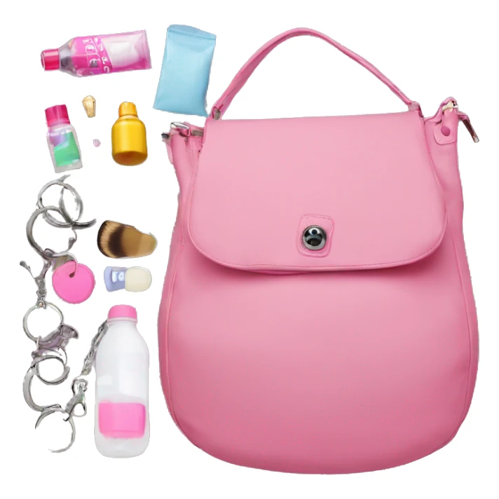 Opened large pink flap hobo bag that's filled with makeup, water bottle, and keychains sticker
