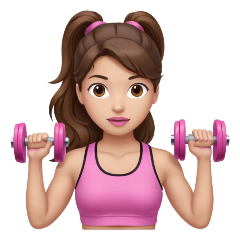 girl with wavy long ponytail brown hair, brown eyes, light to medium complexion, long lashes, light pink lipstick, wearing light pink shirt, lifting pink dumbbells in a sports top sticker