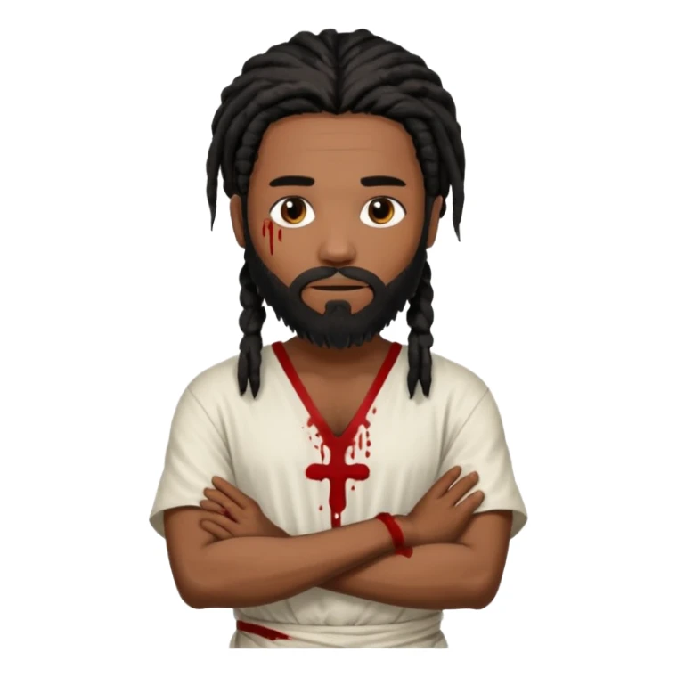 African American man with shoulder length black dreadlocks with black beard wearing a white tunic with blood on it with arms folded together sticker