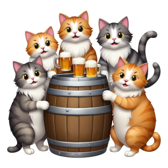 group of 7 cats standing around a beer keg, drinking, all with goofy playful expressions sticker