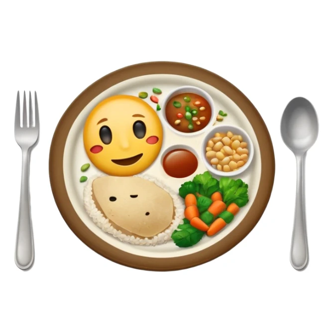  dirty plate after eating, leftover food scraps, vegetable pieces, rice grains, sauce stains on the plate, fork and spoon placed beside the plate, no face, no character, no human features, realistic food leftovers, clean and simple background, soft lighting, high quality, emoji style sticker