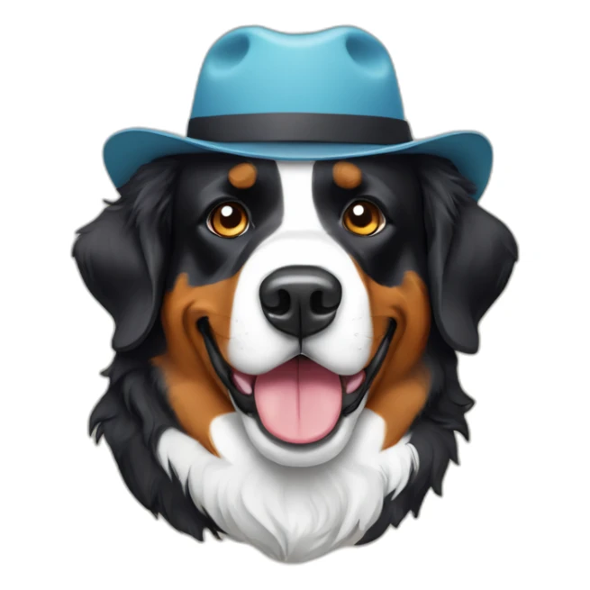 A Bernese mountain dog wearing a cheese head hat sticker