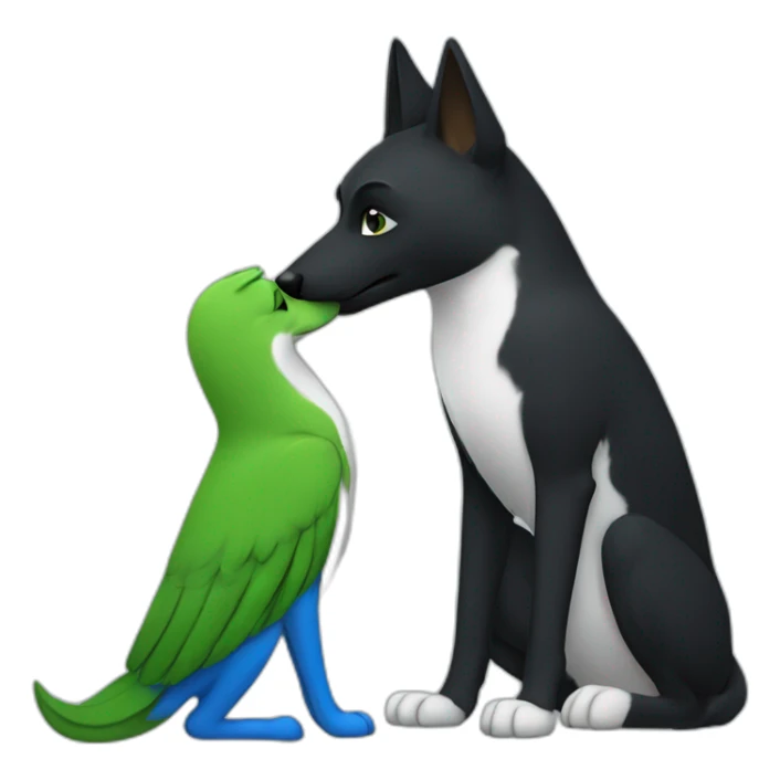 Anthropomorphic black, green, and white dingo kissing a blue anthropomorphic bird sticker
