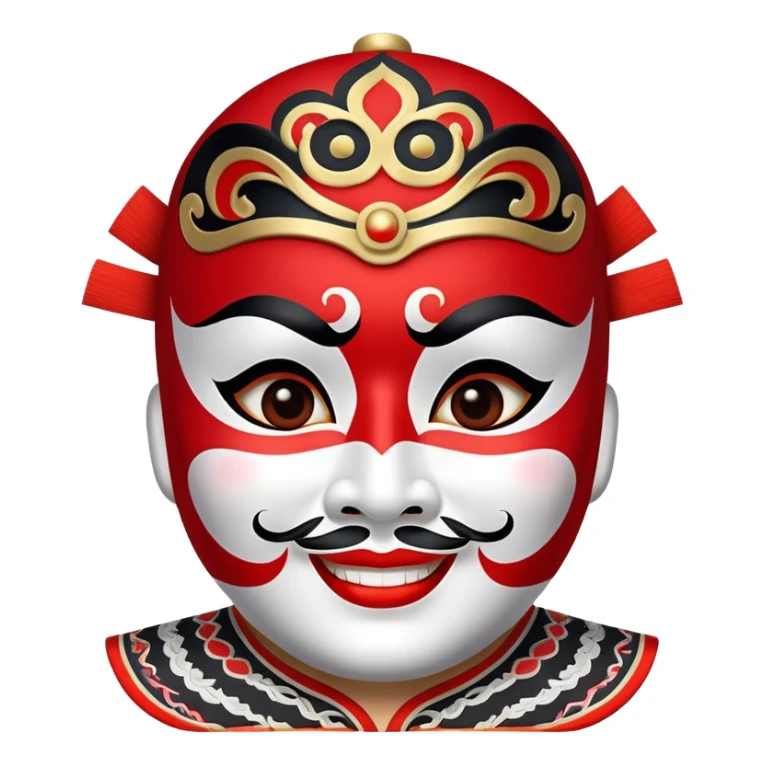 "Create a round-faced emoji featuring a Peking Opera red mask with bold black and white patterns. The emoji should have a friendly and expressive look, maintaining traditional opera facial markings while appearing modern and digital-friendly. It should convey a joyful and heroic emotion, with a confident smile and bright eyes, reflecting the red mask's symbolism of loyalty and bravery." sticker