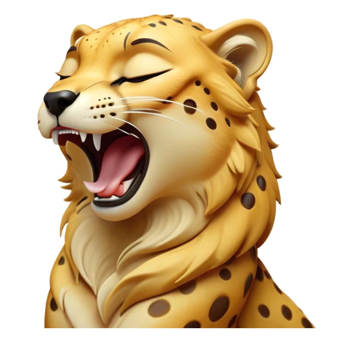 Cinematic Cute Yawning Cheetah Portrait Emoji, Head tilted slightly with a dramatic, wide-open yawn, showcasing a soft, sleek golden Fur with distinctive spots and floppy ears slightly drooping, round amber eyes barely open in drowsy contentment, Simplified yet irresistibly adorable features, highly detailed, glowing with a soft, cozy glow, high shine, relaxed yet expressive, stylized with a touch of savannah whimsy, bright and endearing, soft glowing outline, capturing the essence of a sleepy yet affectionate cheetah, so drowsy it feels like it could stretch right out of the screen and curl up for a nap! sticker