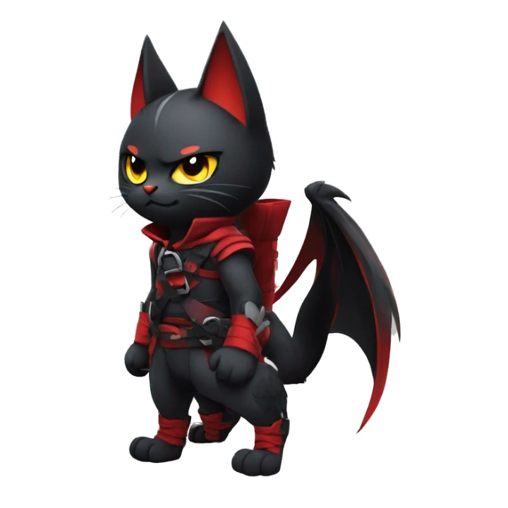 Cool Edgy Evil Ninja Litten-Nargacuga-Cat with black bat-wing-ears with a red harness full body sticker