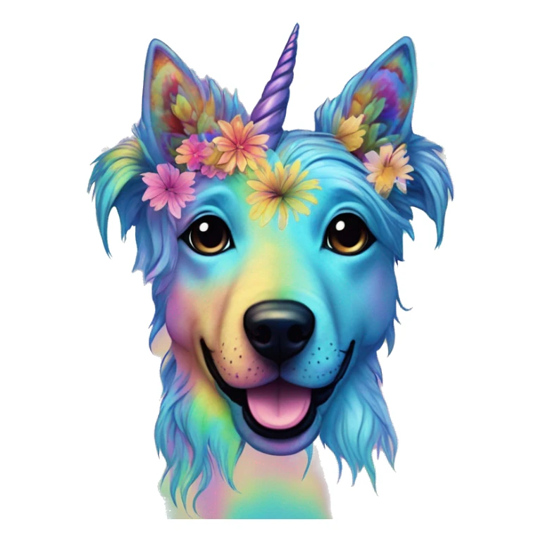 Multicolored rainbow retro groovy tie dye hippie trippy floral patterns on a metallic holographic iridescent blue dog face head unicorn sticker