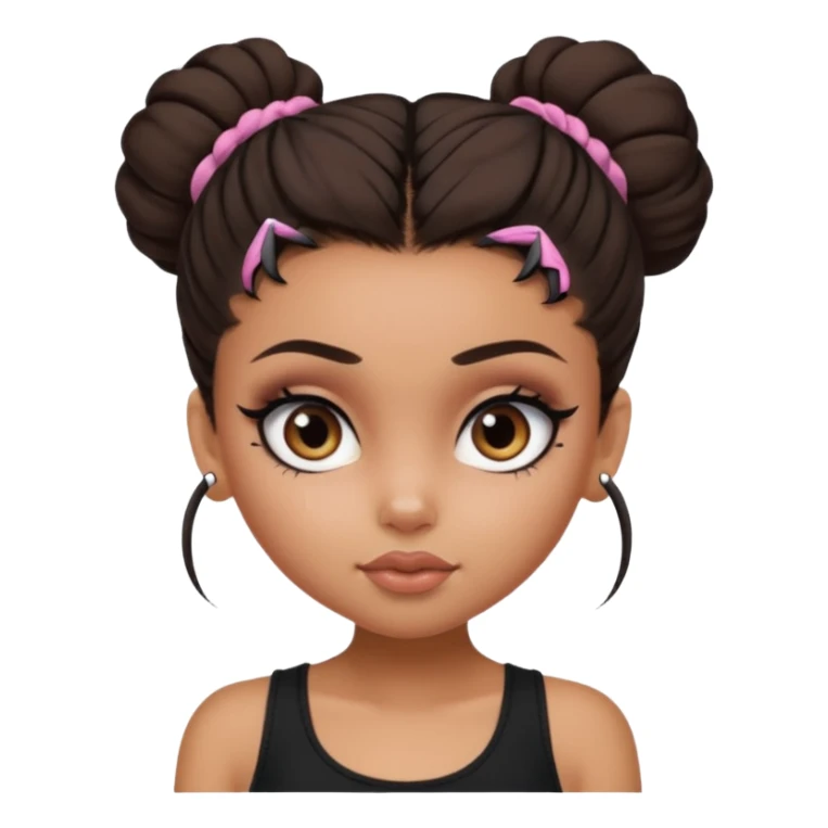 generate a pretty bratz girl in black cami top, dark brown messy bun, eyeliner on. dark brown eyes sticker