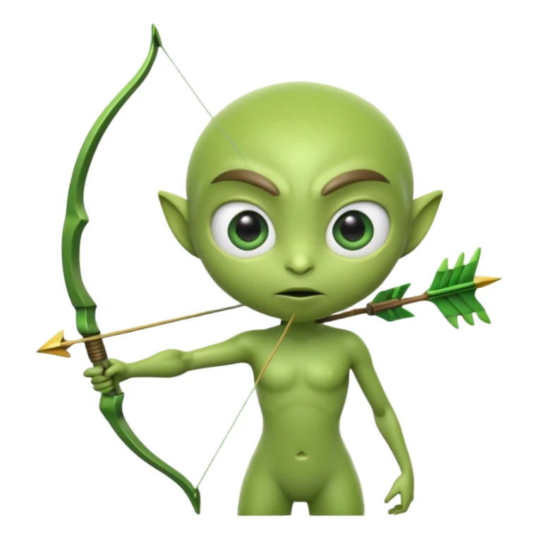 3D emoji-style green alien holding a bow and arrow, glossy texture, smooth skin, large expressive eyes, small humanoid body, minimalist background, soft lighting, Pixar-style rendering, high detail, cute but slightly serious expression, clean centered composition. sticker