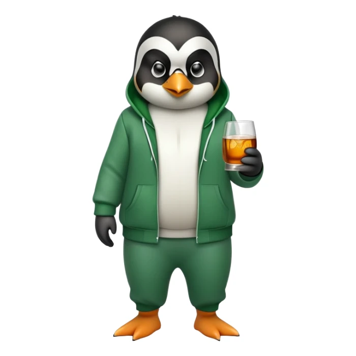 full body friendly anthropomorphised penguin wearing green mafia-style tracksuit, angry confident scheming stance, holding glass of whiskey sticker