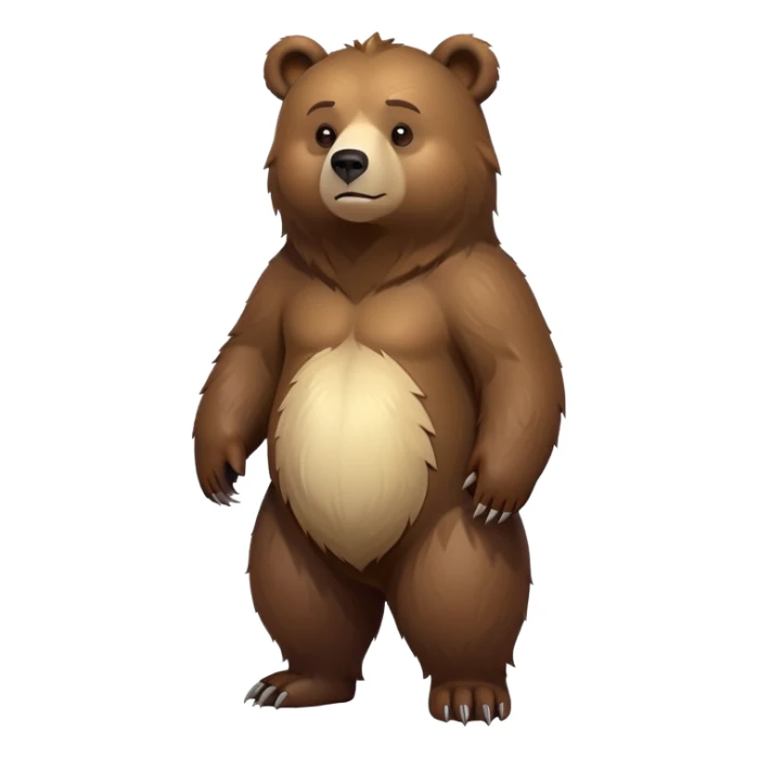 cinematic-[bear]-realistic-full-body-standing-emoji,-tail-tucked-close,-head-tilted-dramatically,-thick-[brown]-fur,-simplified-yet-realistic-focused-features,-highly-detailed,-glowing-with-an-almost-sarcastic-glow sticker