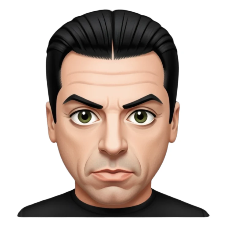 Till Lindemann, charismatic rockstar vibe, black shirt, intense eyes sticker