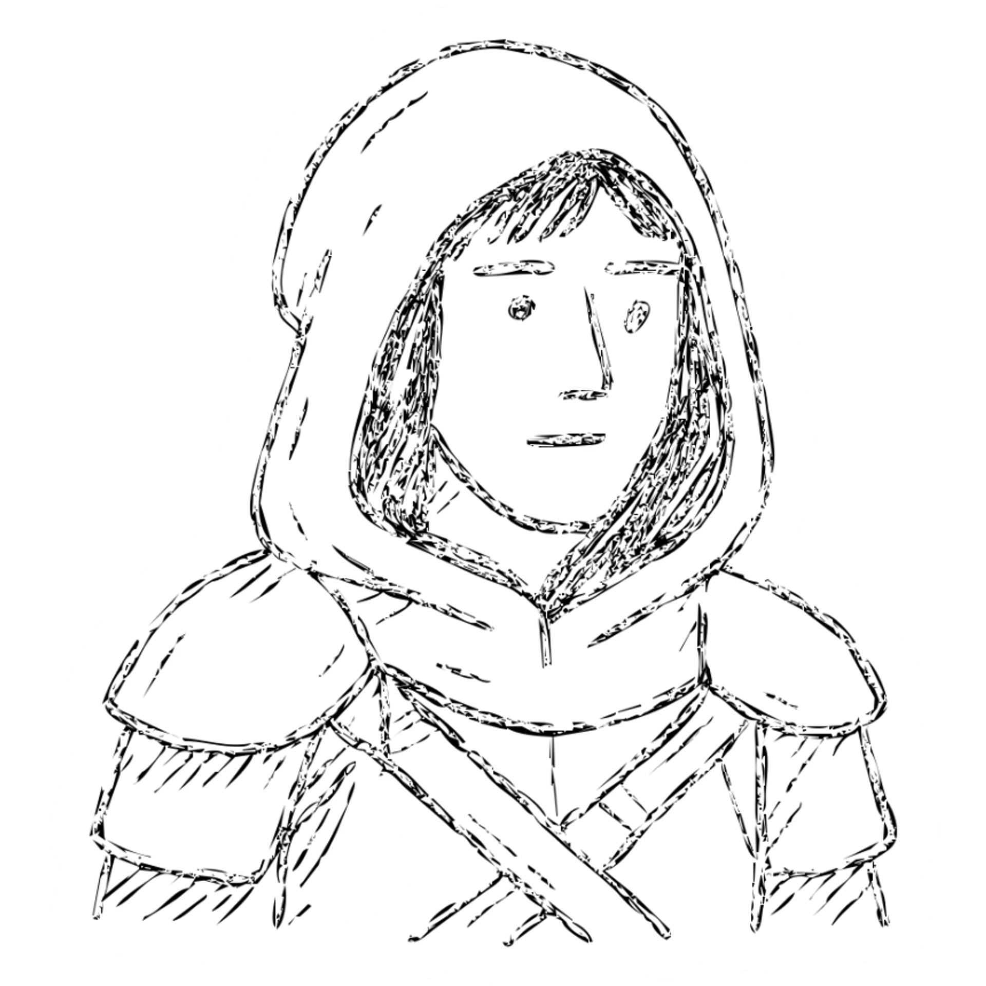 medieval hooded explorer with brown hair, no beard, wearing light armor, chest up view sticker