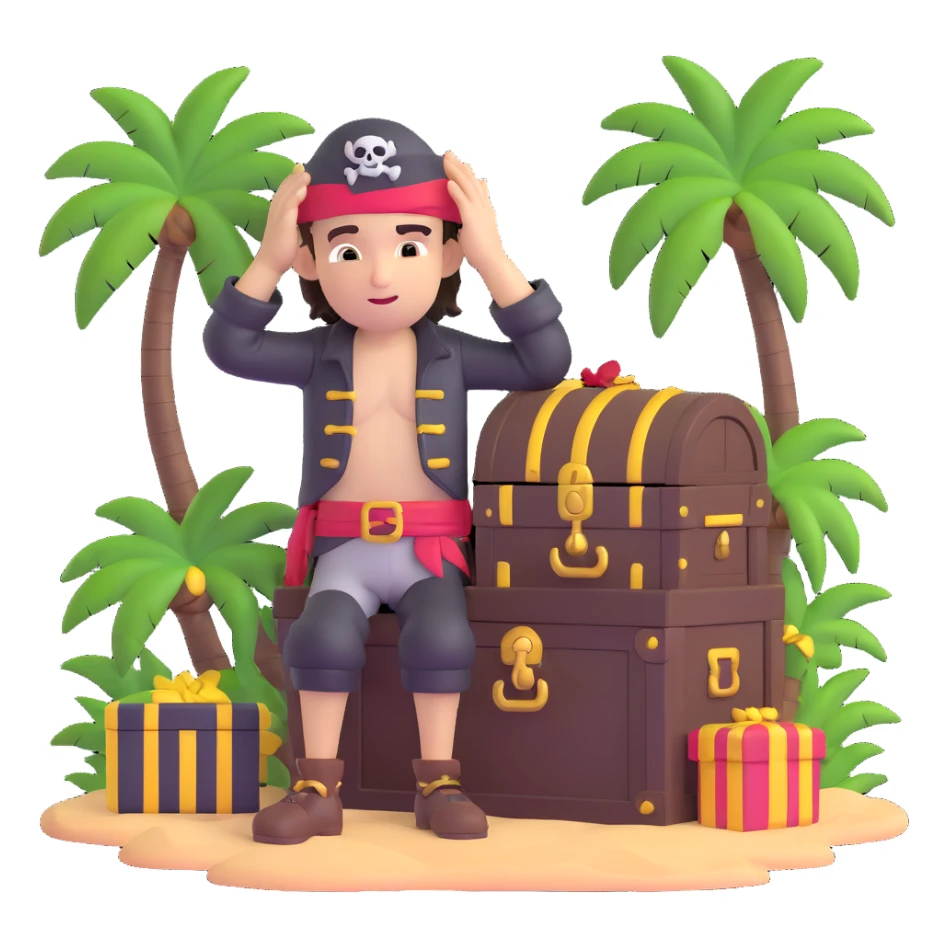 kid pirate with hand on forehead looking for something, one foot on treasure chest, palm trees in background sticker
