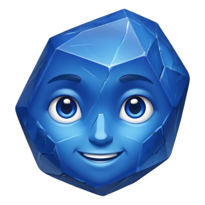A single sapphire-blue faceted rock head, chunky and worn, with a few visible cracks and chipped facets but still shiny, big kind eyes and a confident smile, 3D game asset, centered on dark background, no body, no other elements. sticker