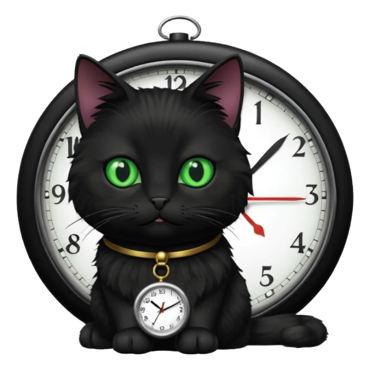 black cat waiting for salary looks at clocks sticker