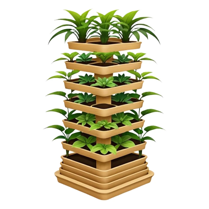 Very Large alien-futuristic multi-tier multi-level square-sided plant rack, which holds thirty-five plants, constructed from plywood sticker
