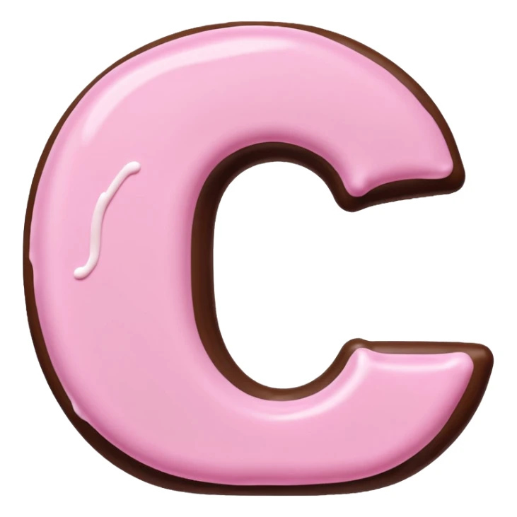 “Single pink bubble letter c, white outline, bottom dipped in chocolate with pink frosting drizzle, kawaii style, glossy, soft shading, clean outline, transparent background, Discord emoji size” sticker