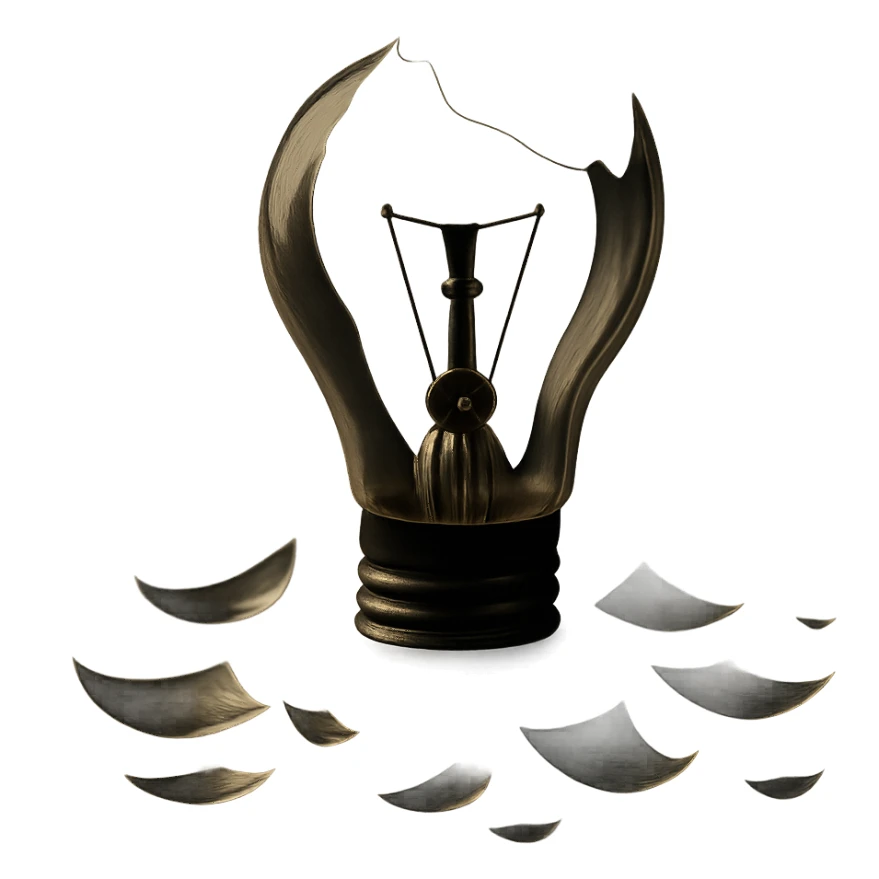 Show a broken lightbulb with exposed filament and scattered glass in a moody atmosphere. Maintain a transparent background. Focus on the moody lighting and scattered glass details around the exposed filament. sticker