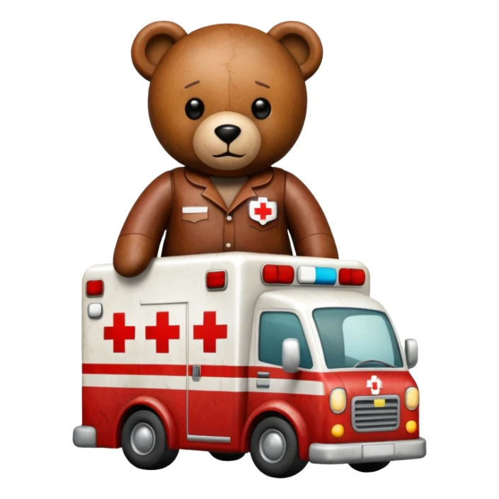 a leather teddy bear inside an ambulance driving an ambulance sticker